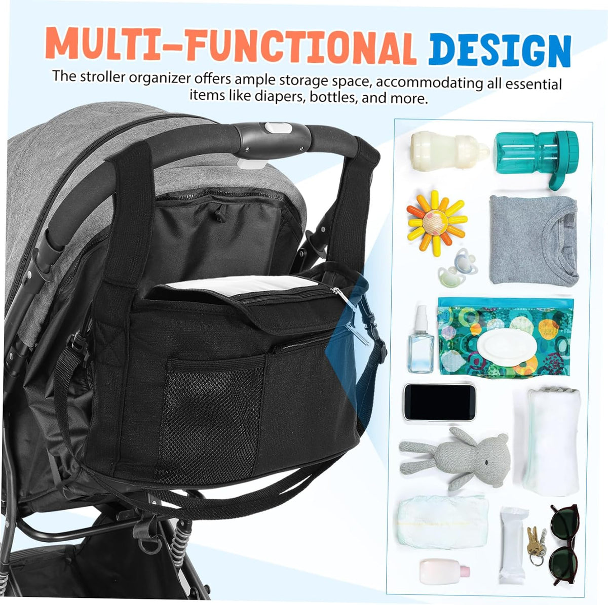 Universal Stroller Organizer Insulated Cup Holder Detachable Phone Bag for Baby Strollers Walkers and Scooters