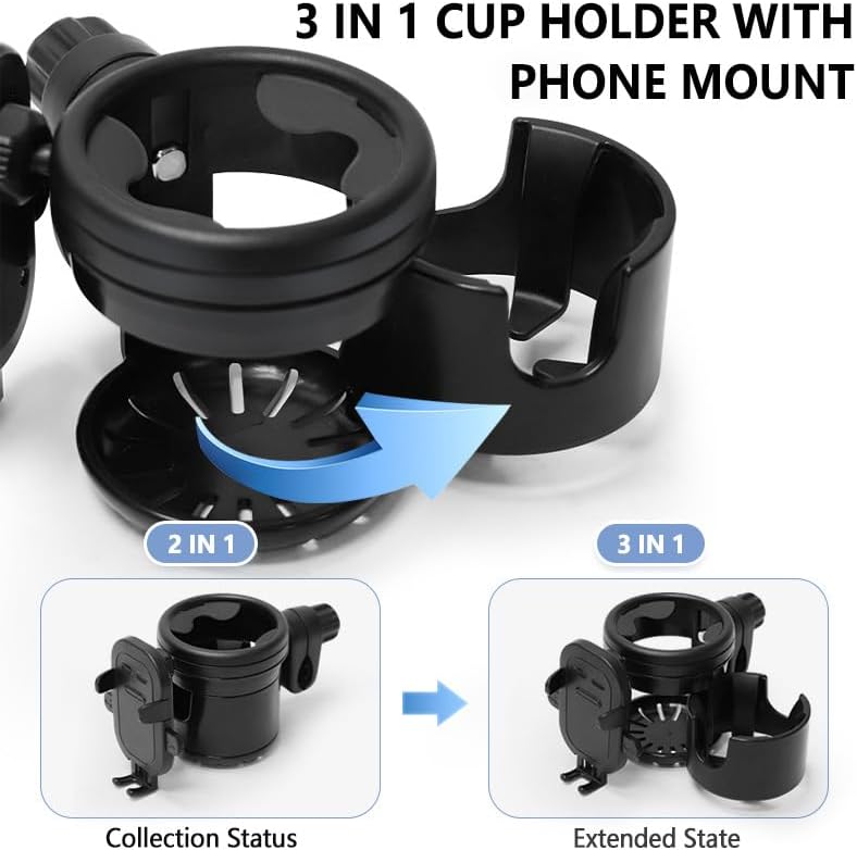 Stroller Cup Phone Holder Attachment, 3-in-1 Universal Cup Holder with Adjustable Phone Mount, Double Cup Holder for Walker Wheelchair Fits Most Donna, Uppababy, Bugaboo, Anti-Slip & Easy Install