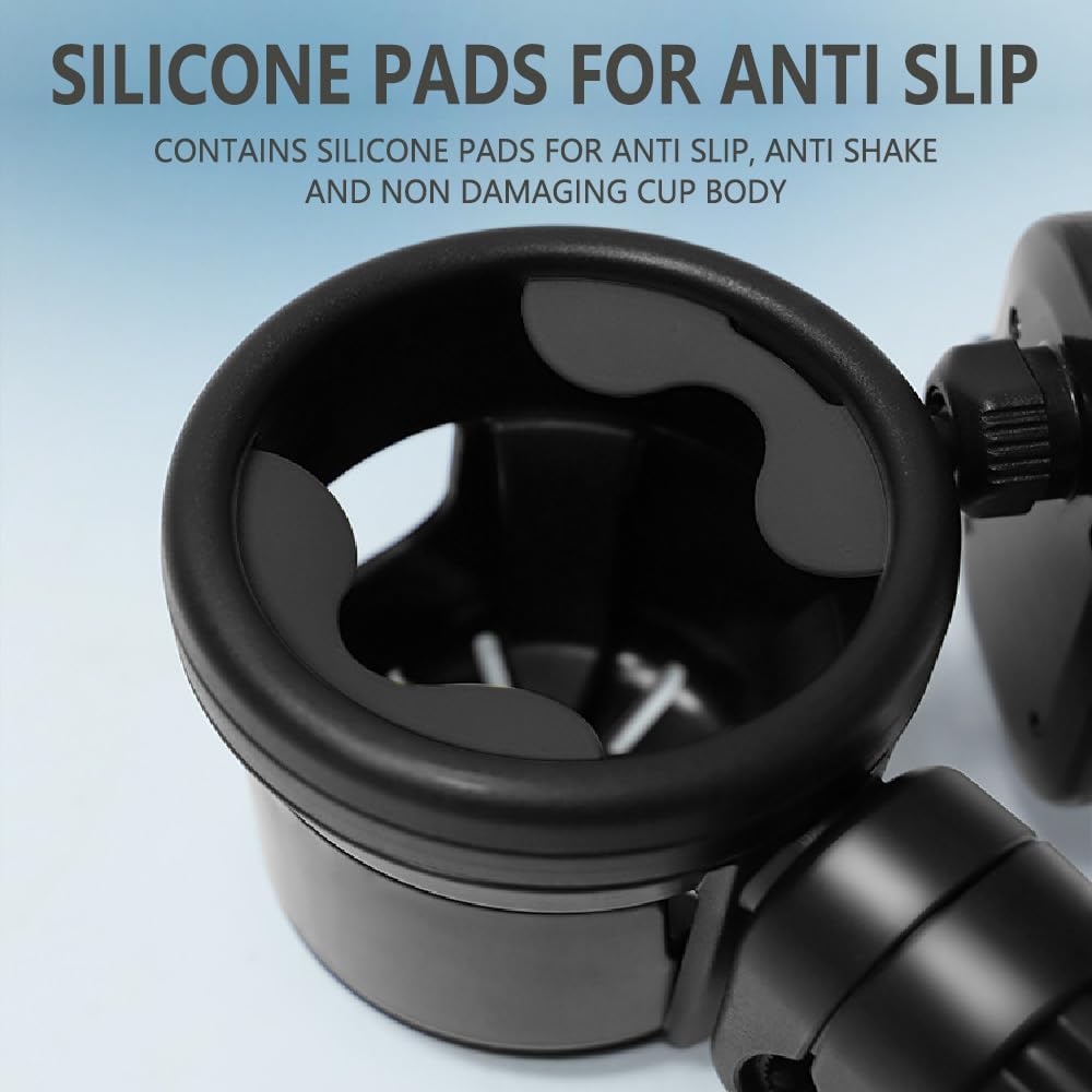 Stroller Cup Phone Holder Attachment, 3-in-1 Universal Cup Holder with Adjustable Phone Mount, Double Cup Holder for Walker Wheelchair Fits Most Donna, Uppababy, Bugaboo, Anti-Slip & Easy Install