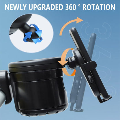 Stroller Cup Phone Holder Attachment, 3-in-1 Universal Cup Holder with Adjustable Phone Mount, Double Cup Holder for Walker Wheelchair Fits Most Donna, Uppababy, Bugaboo, Anti-Slip & Easy Install
