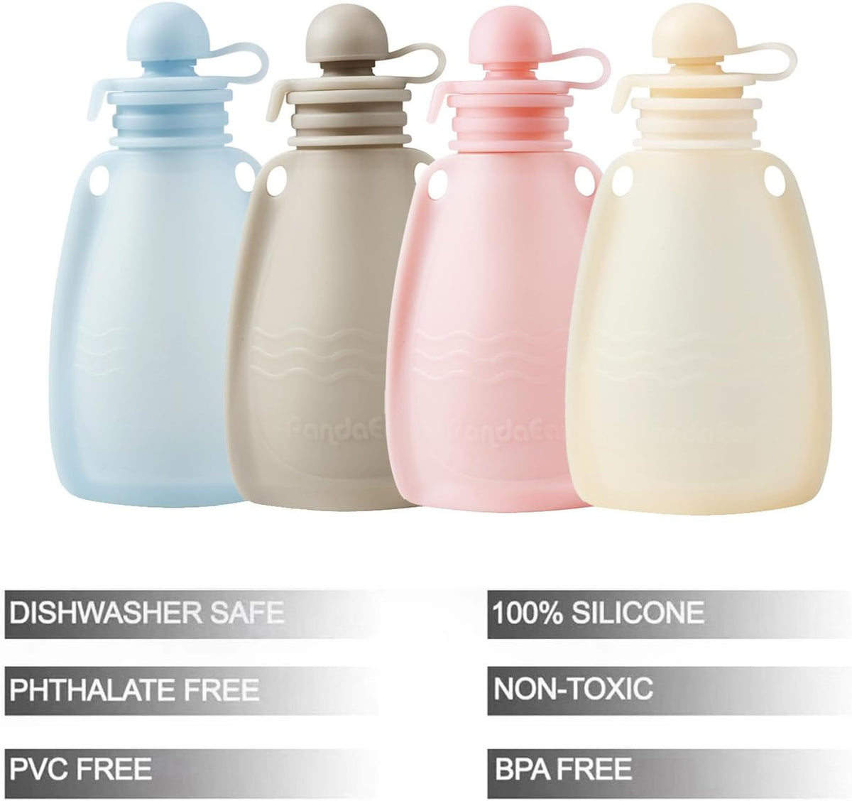 Reusable Silicone Baby Food Pouches, 4 Pack Squeeze Pouches for Toddler Kids, BPA-Free Silicone Refillable Baby Food Storage, 5 oz