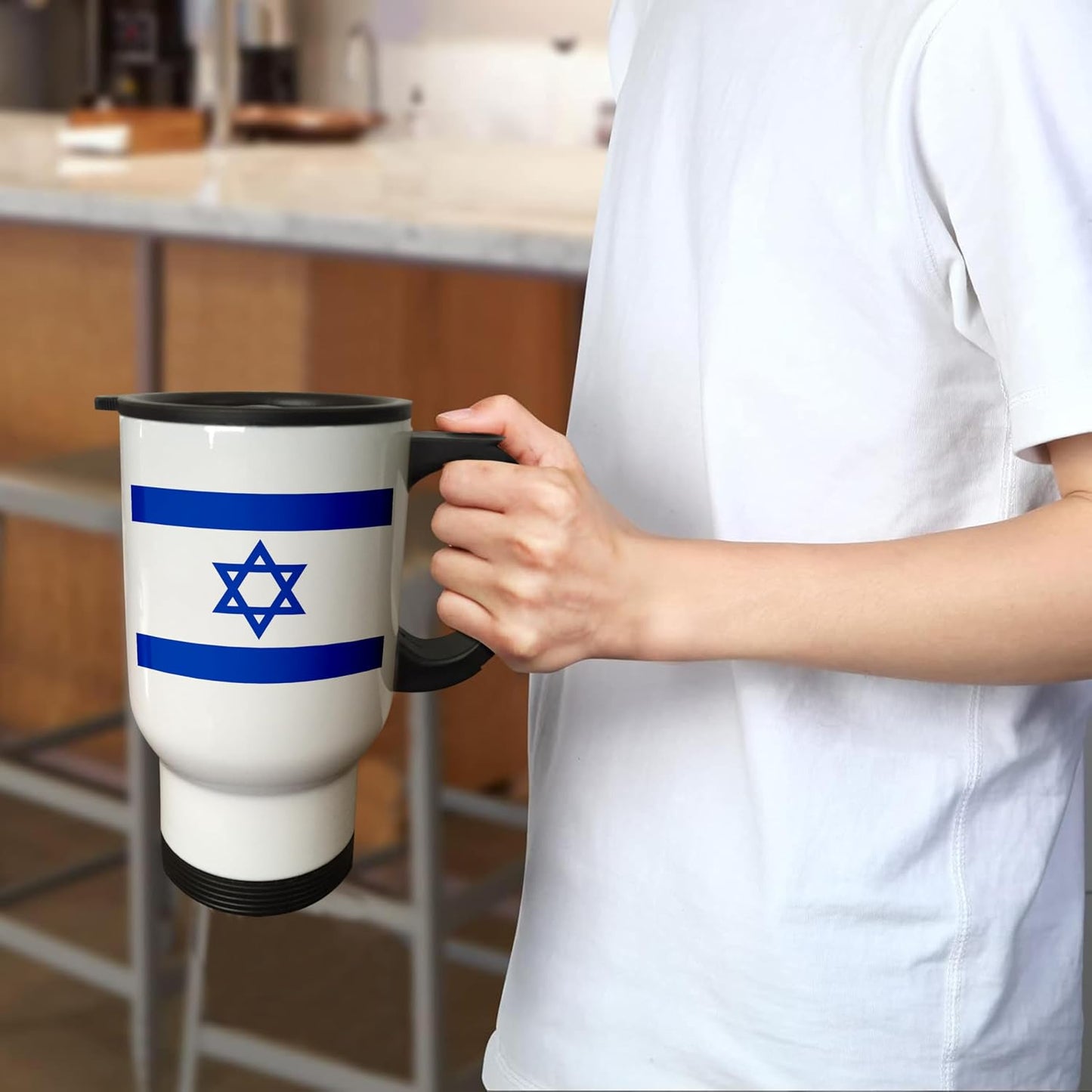 " Israeli Flag-Blue and White with Magen David Star-Jewish State of Israel" Travel Mug, 14 oz, Multicolor