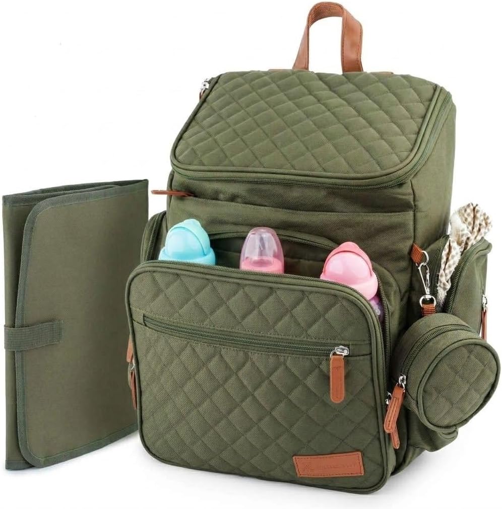 Large Diaper Bag Backpack for Mom & Dad | Unisex Baby Travel Bag | 15 Pockets | Changing Pad | Stroller Straps | Stylish & Washable | Newborn Essentials | Army Green