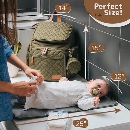 Large Diaper Bag Backpack for Mom & Dad | Unisex Baby Travel Bag | 15 Pockets | Changing Pad | Stroller Straps | Stylish & Washable | Newborn Essentials | Army Green