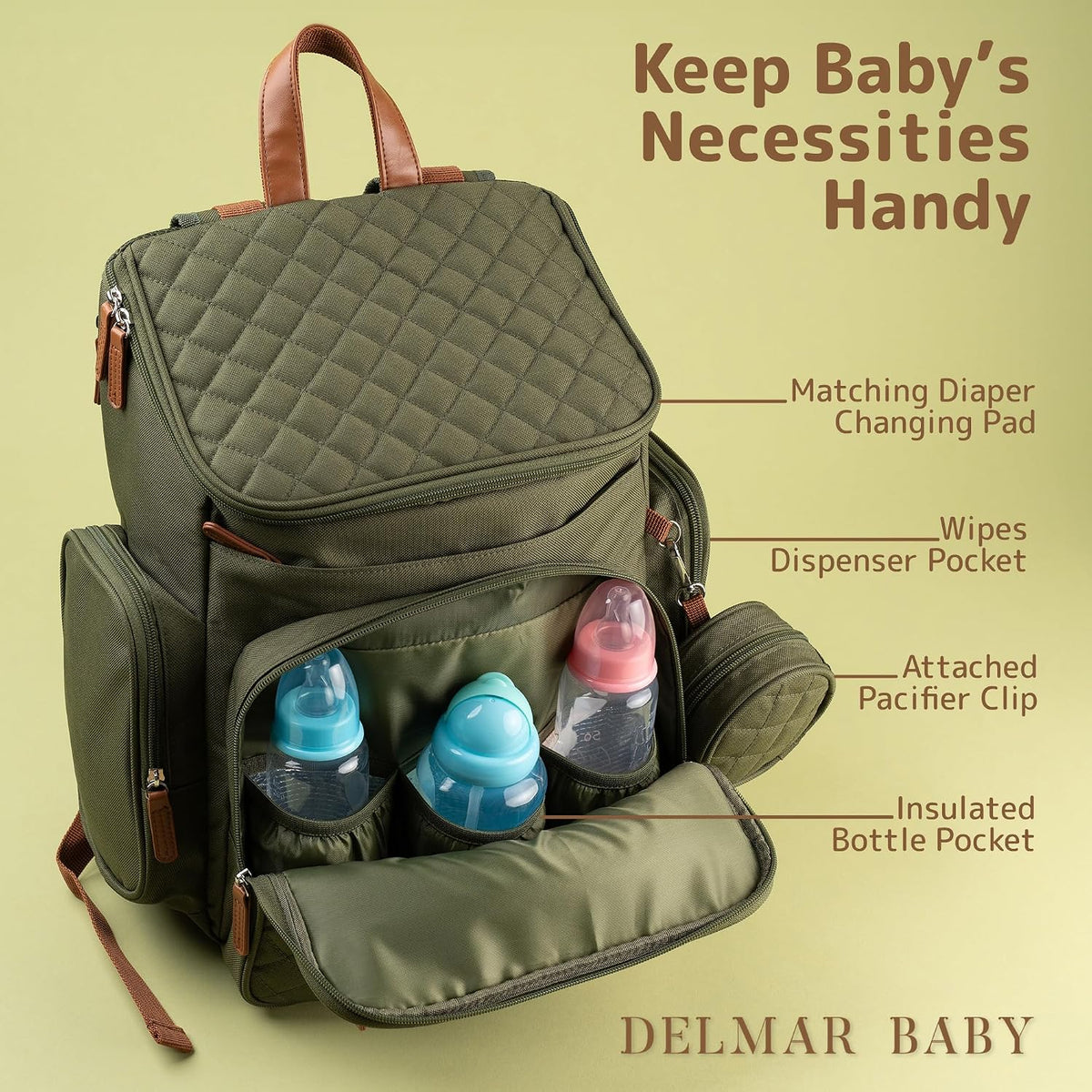 Large Diaper Bag Backpack for Mom & Dad | Unisex Baby Travel Bag | 15 Pockets | Changing Pad | Stroller Straps | Stylish & Washable | Newborn Essentials | Army Green