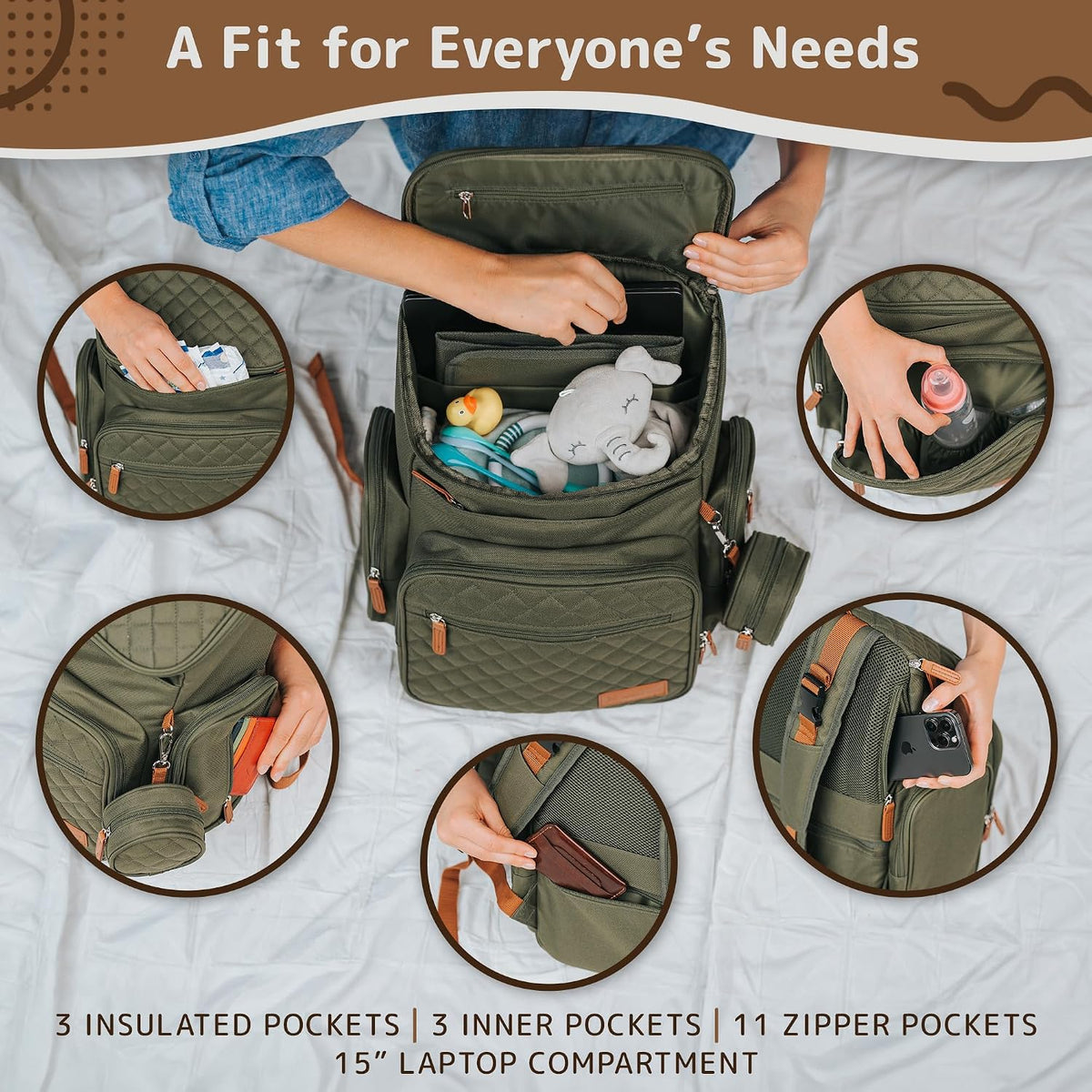 Large Diaper Bag Backpack for Mom & Dad | Unisex Baby Travel Bag | 15 Pockets | Changing Pad | Stroller Straps | Stylish & Washable | Newborn Essentials | Army Green