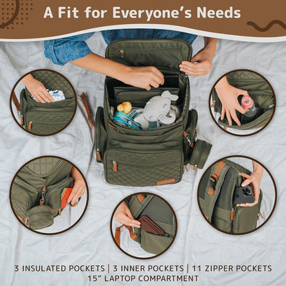 Large Diaper Bag Backpack for Mom & Dad | Unisex Baby Travel Bag | 15 Pockets | Changing Pad | Stroller Straps | Stylish & Washable | Newborn Essentials | Army Green