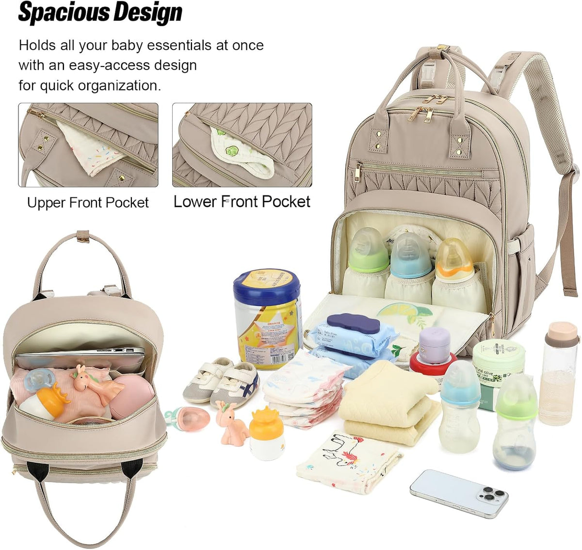 Quilted Baby Diaper Bag Backpack for Women, Baby Girls Boys Nappy Bags with Stroller Straps Insulated Pockets (Black)