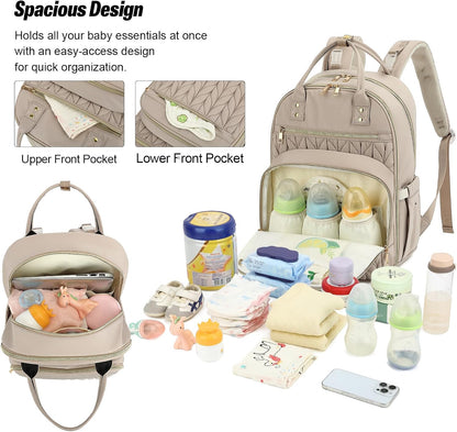 Quilted Baby Diaper Bag Backpack for Women, Baby Girls Boys Nappy Bags with Stroller Straps Insulated Pockets (Black)