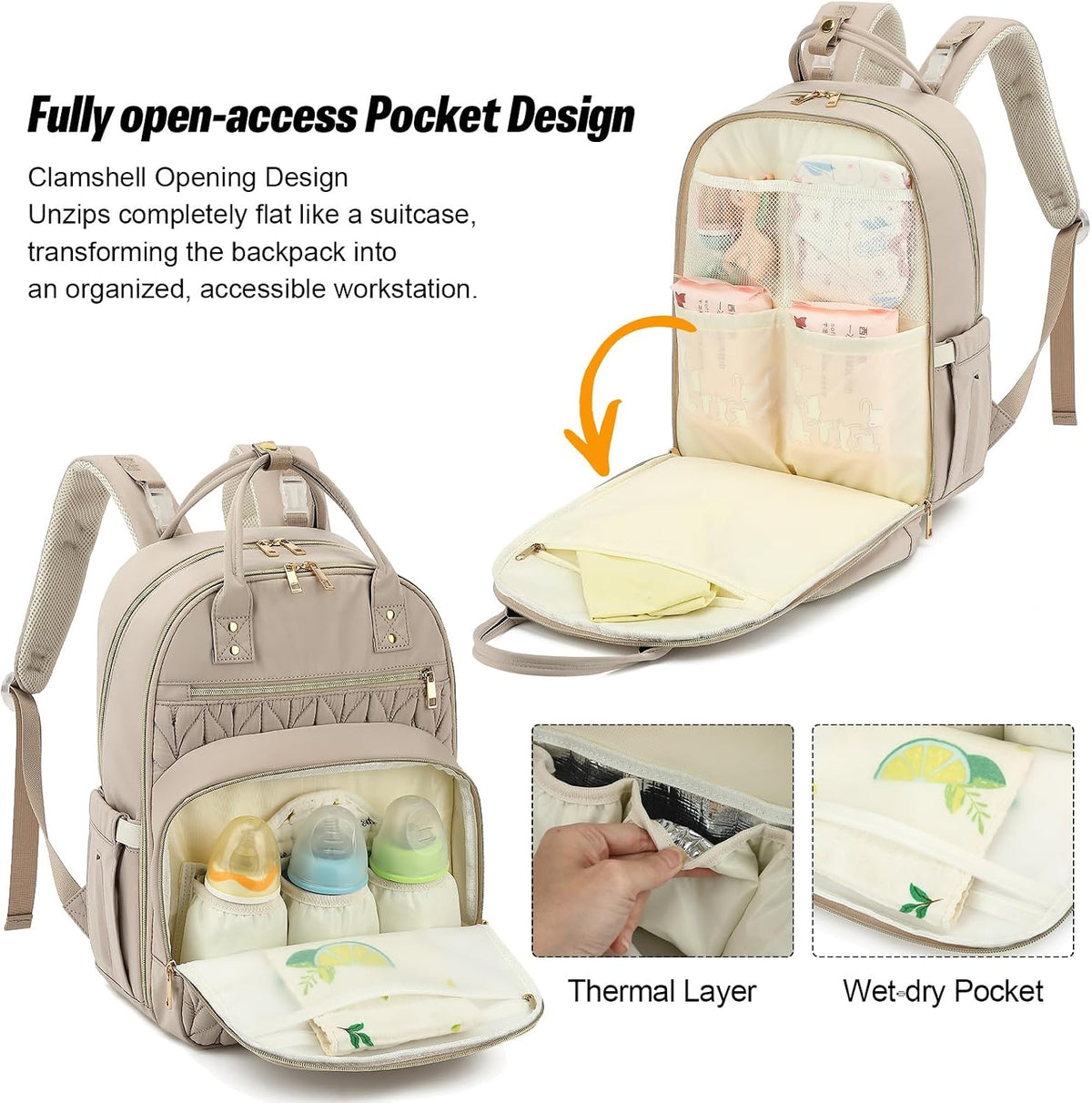 Quilted Baby Diaper Bag Backpack for Women, Baby Girls Boys Nappy Bags with Stroller Straps Insulated Pockets (Black)