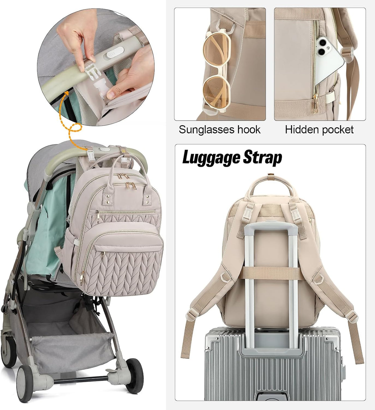 Quilted Baby Diaper Bag Backpack for Women, Baby Girls Boys Nappy Bags with Stroller Straps Insulated Pockets (Black)