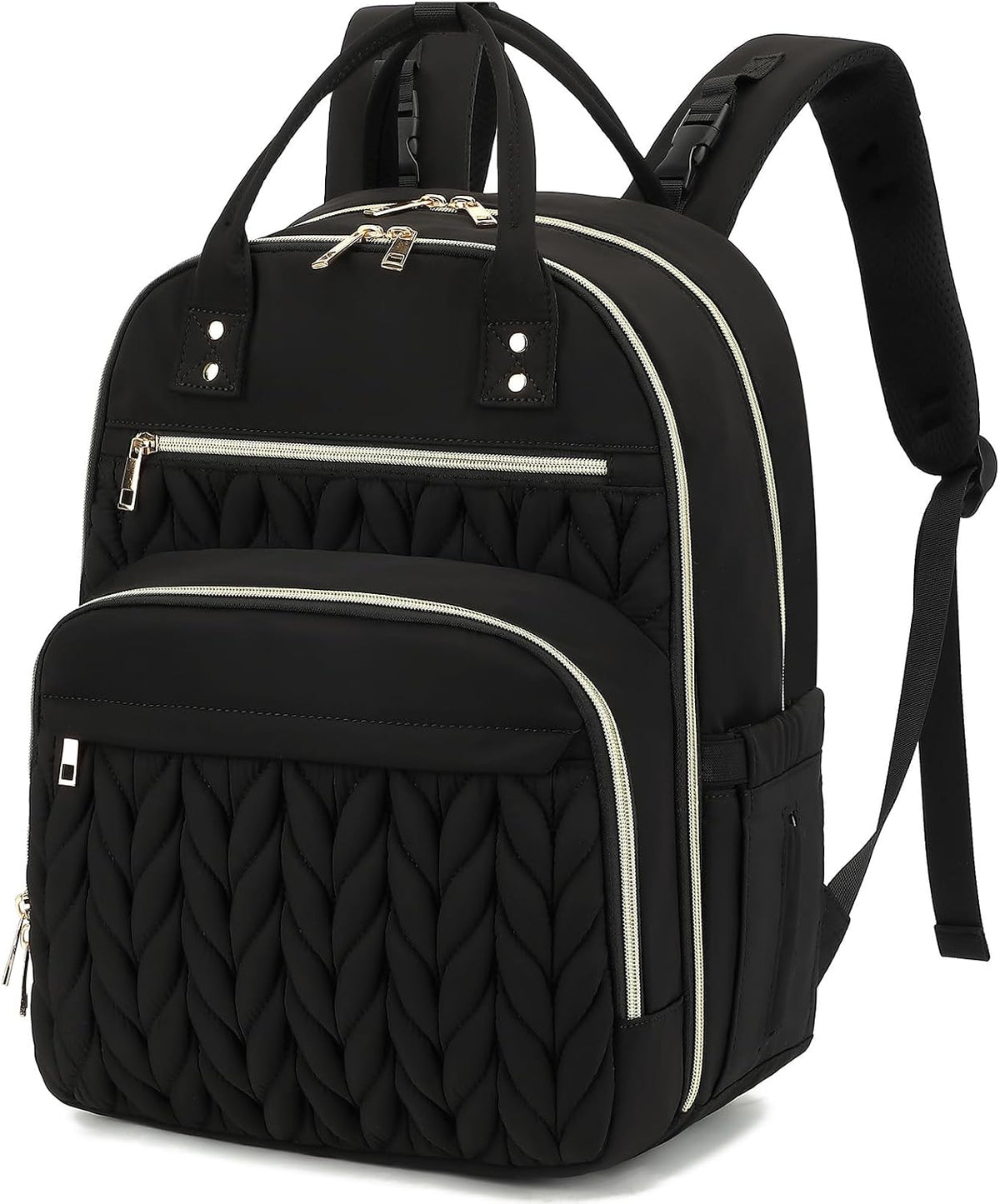 Quilted Baby Diaper Bag Backpack for Women, Baby Girls Boys Nappy Bags with Stroller Straps Insulated Pockets (Black)