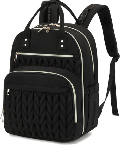 Quilted Baby Diaper Bag Backpack for Women, Baby Girls Boys Nappy Bags with Stroller Straps Insulated Pockets (Black)