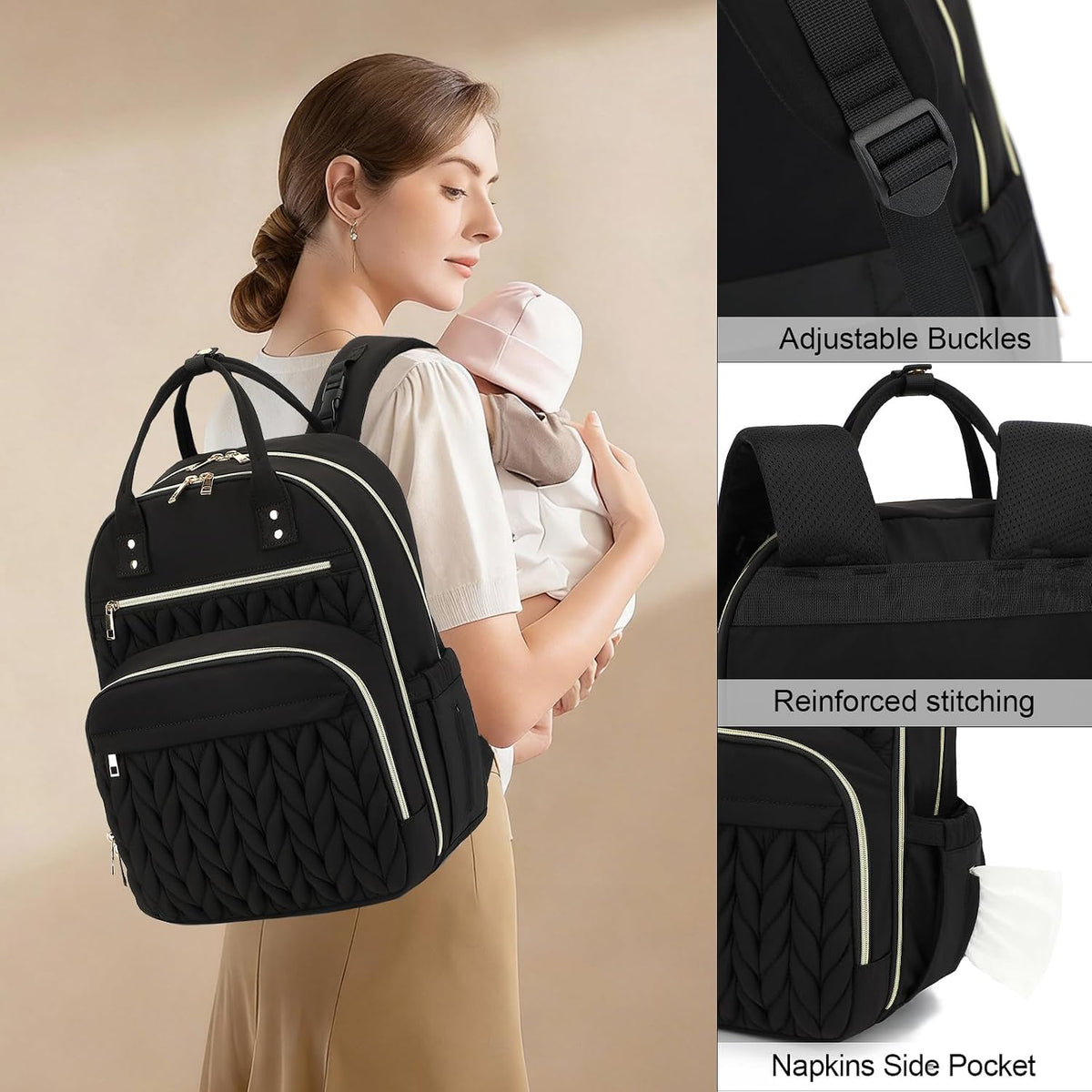 Quilted Baby Diaper Bag Backpack for Women, Baby Girls Boys Nappy Bags with Stroller Straps Insulated Pockets (Black)