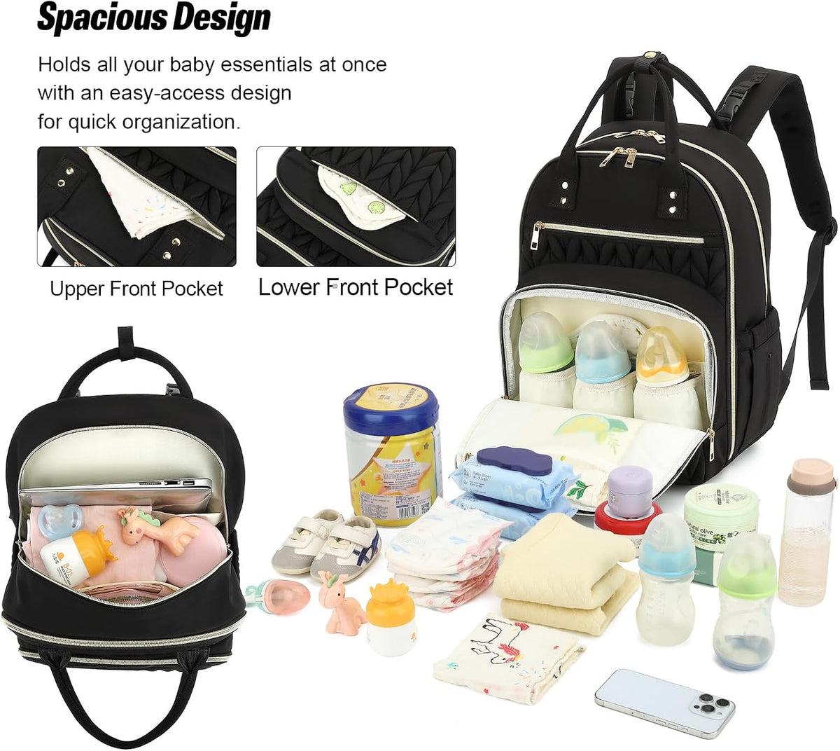 Quilted Baby Diaper Bag Backpack for Women, Baby Girls Boys Nappy Bags with Stroller Straps Insulated Pockets (Black)