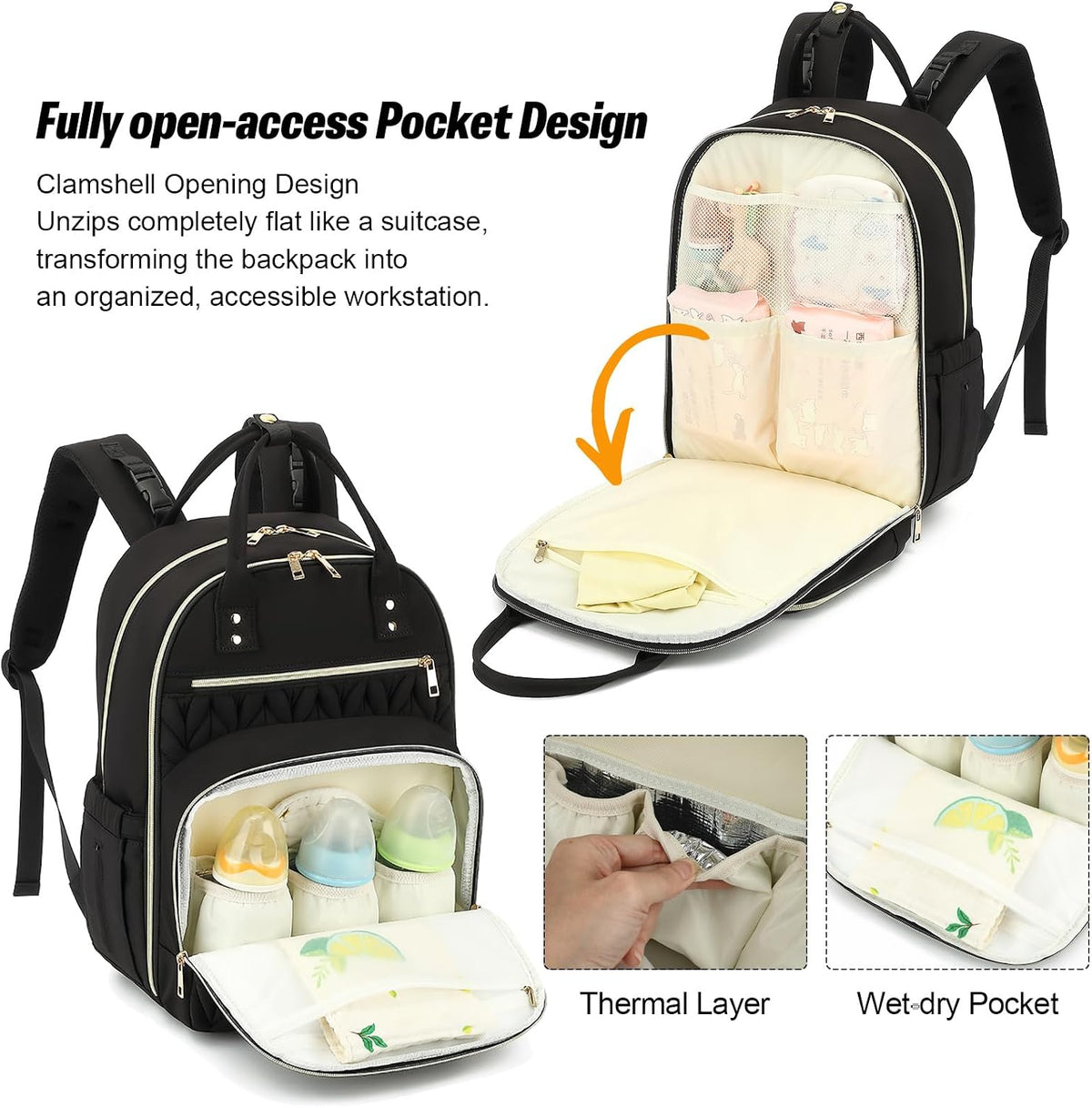 Quilted Baby Diaper Bag Backpack for Women, Baby Girls Boys Nappy Bags with Stroller Straps Insulated Pockets (Black)