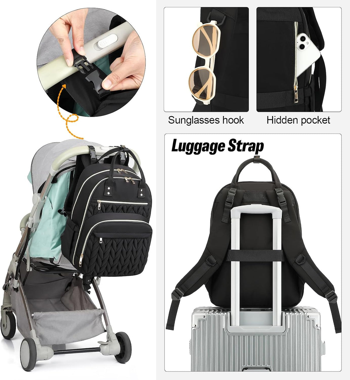 Quilted Baby Diaper Bag Backpack for Women, Baby Girls Boys Nappy Bags with Stroller Straps Insulated Pockets (Black)