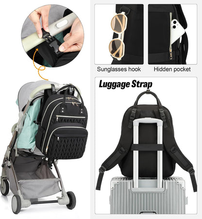 Quilted Baby Diaper Bag Backpack for Women, Baby Girls Boys Nappy Bags with Stroller Straps Insulated Pockets (Black)