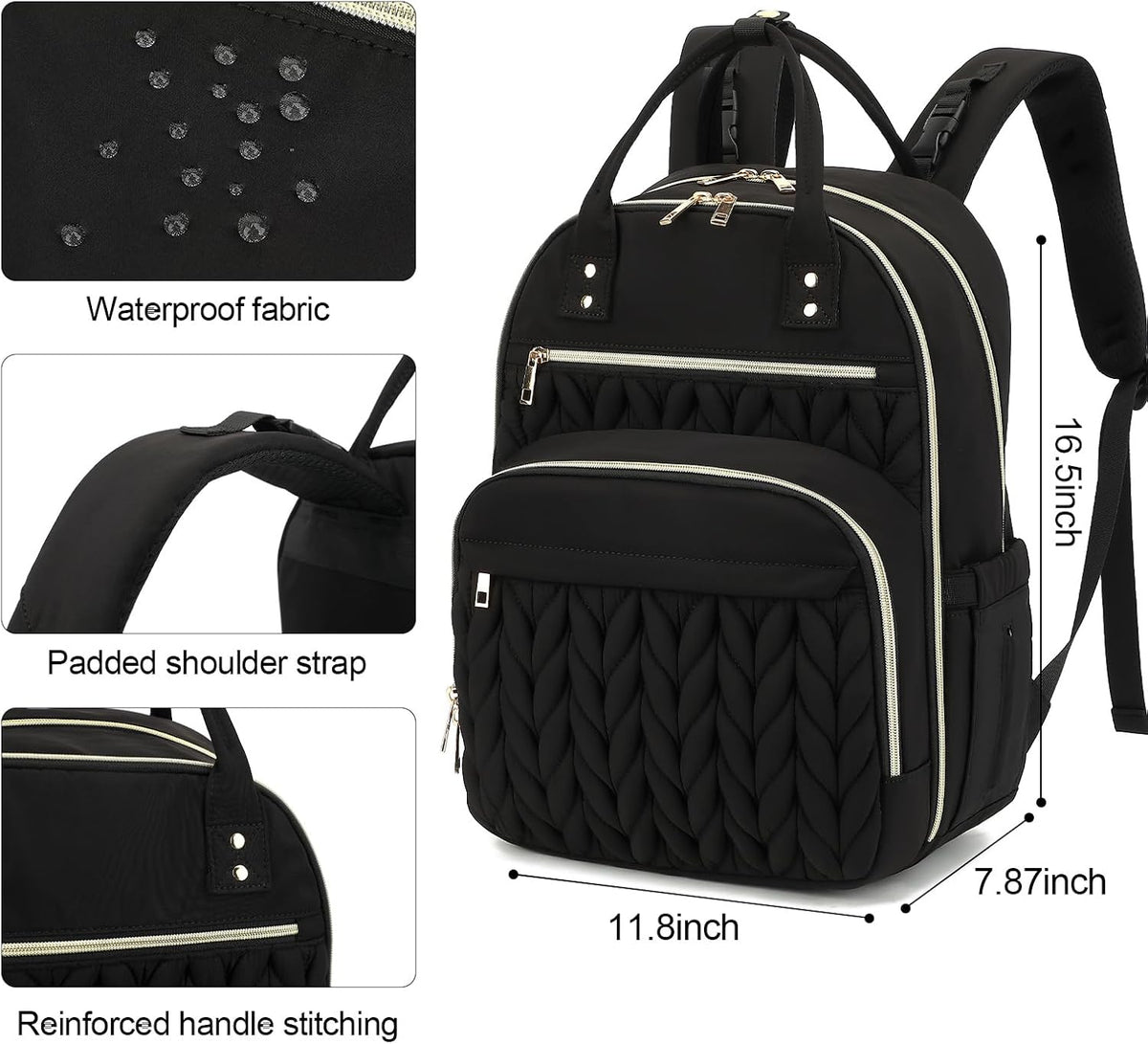 Quilted Baby Diaper Bag Backpack for Women, Baby Girls Boys Nappy Bags with Stroller Straps Insulated Pockets (Black)