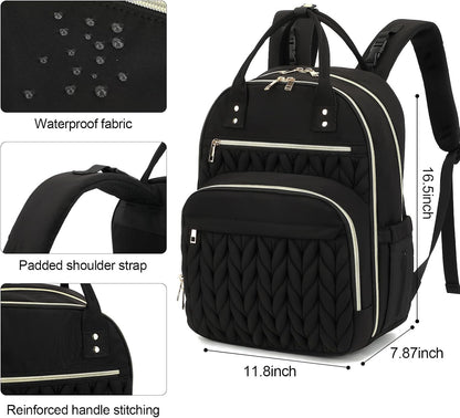 Quilted Baby Diaper Bag Backpack for Women, Baby Girls Boys Nappy Bags with Stroller Straps Insulated Pockets (Black)