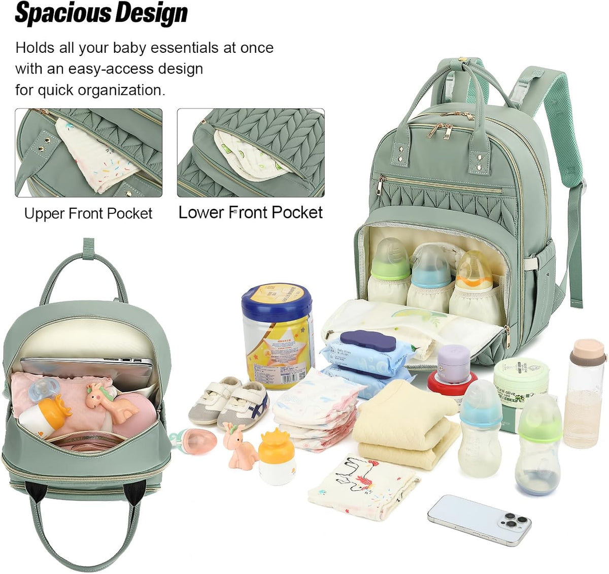 Quilted Baby Diaper Bag Backpack for Women, Baby Girls Boys Nappy Bags with Stroller Straps Insulated Pockets (Black)