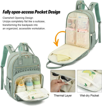 Quilted Baby Diaper Bag Backpack for Women, Baby Girls Boys Nappy Bags with Stroller Straps Insulated Pockets (Black)