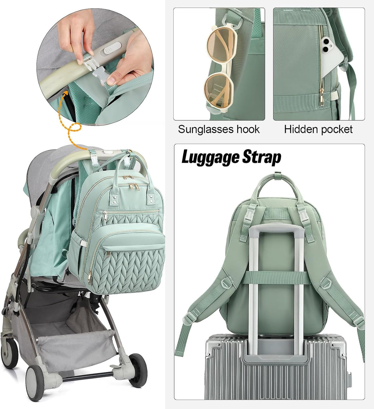 Quilted Baby Diaper Bag Backpack for Women, Baby Girls Boys Nappy Bags with Stroller Straps Insulated Pockets (Black)