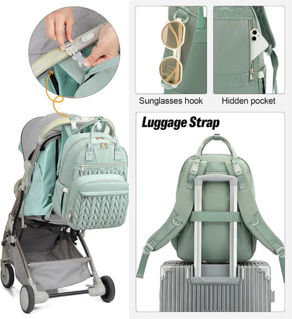 Quilted Baby Diaper Bag Backpack for Women, Baby Girls Boys Nappy Bags with Stroller Straps Insulated Pockets (Black)