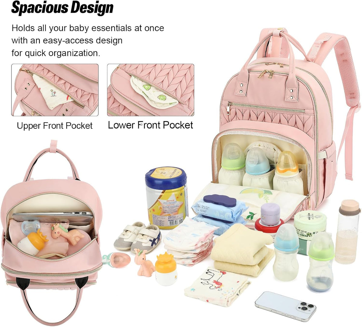 Quilted Baby Diaper Bag Backpack for Women, Baby Girls Boys Nappy Bags with Stroller Straps Insulated Pockets (Black)