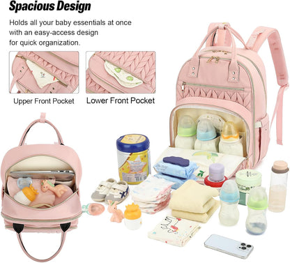Quilted Baby Diaper Bag Backpack for Women, Baby Girls Boys Nappy Bags with Stroller Straps Insulated Pockets (Black)