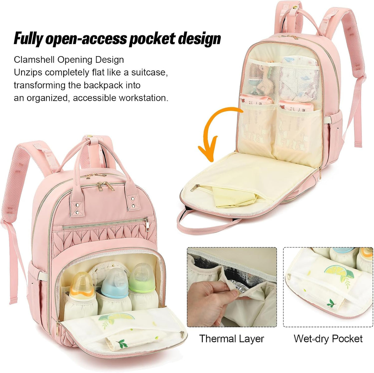 Quilted Baby Diaper Bag Backpack for Women, Baby Girls Boys Nappy Bags with Stroller Straps Insulated Pockets (Black)