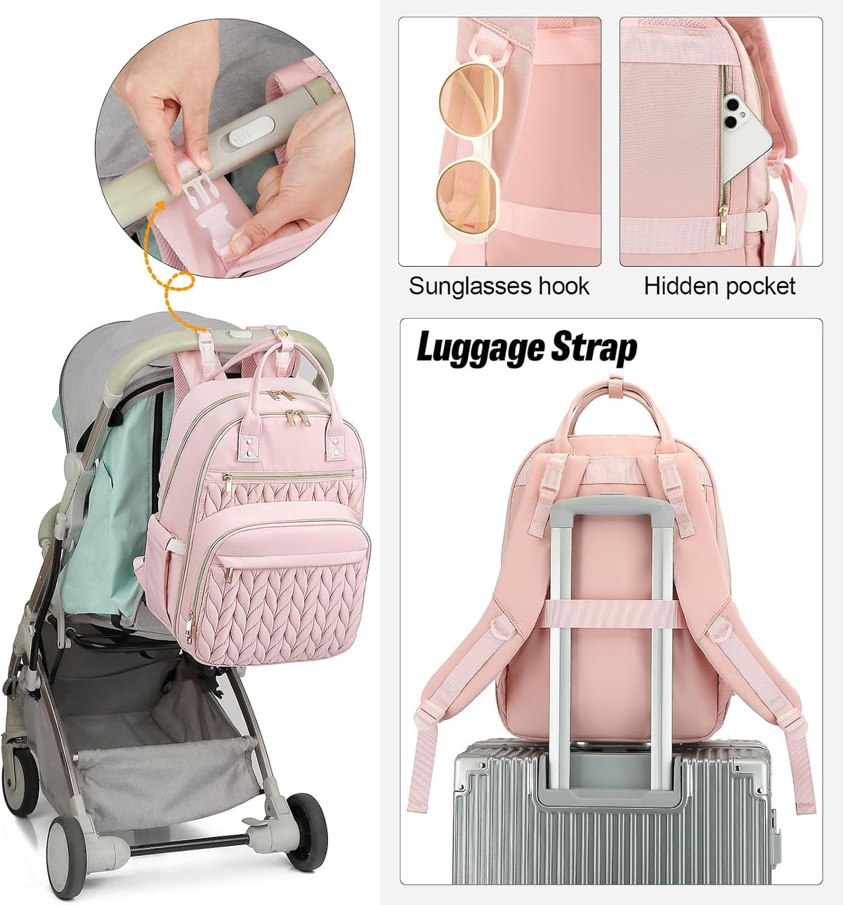 Quilted Baby Diaper Bag Backpack for Women, Baby Girls Boys Nappy Bags with Stroller Straps Insulated Pockets (Black)