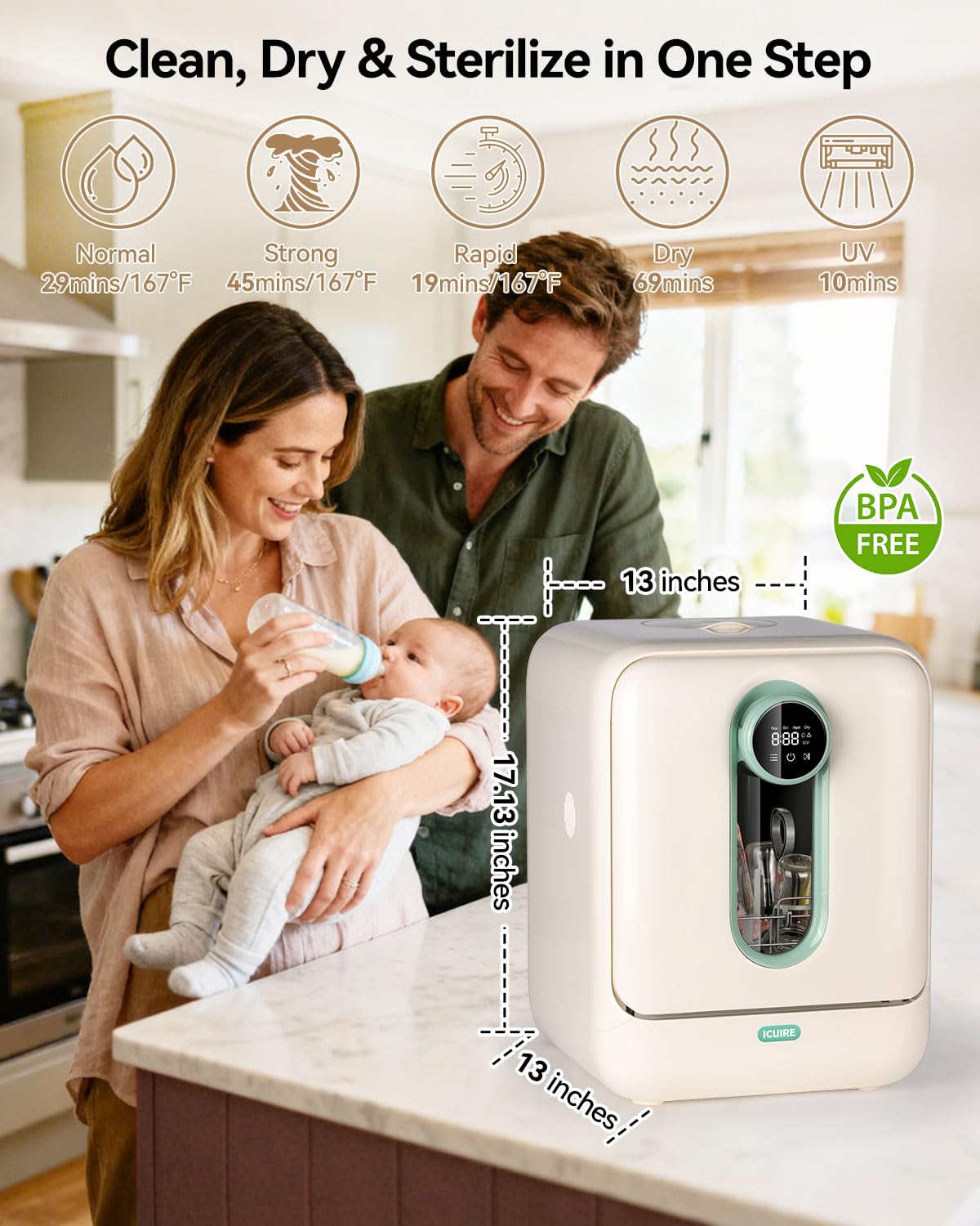 Baby Bottle Washer and Sterilizer and Dryer, 131-167°F High Temperature Sterilize for Baby Stuff, 3.2L Water Tank to Clean Bottles, Pump Part &Pacifiers&Bowl, Newborn Parents One-Hand Operation