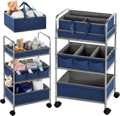 2in1 Baby Diaper Caddy Organizer Cart 3 Tier Large Capacity Metal Utility Bedside Rolling Cart with Divider Newborn Registry Nursery Essential Must Have Crib Bedroom Baby Shower(Gray, Blue)