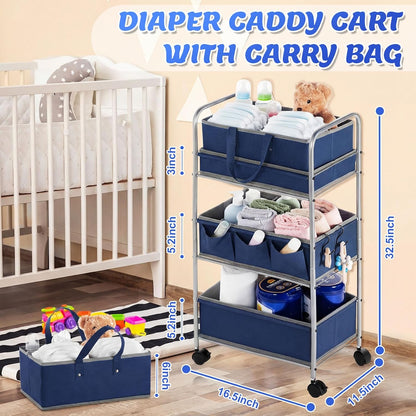 2in1 Baby Diaper Caddy Organizer Cart 3 Tier Large Capacity Metal Utility Bedside Rolling Cart with Divider Newborn Registry Nursery Essential Must Have Crib Bedroom Baby Shower(Gray, Blue)