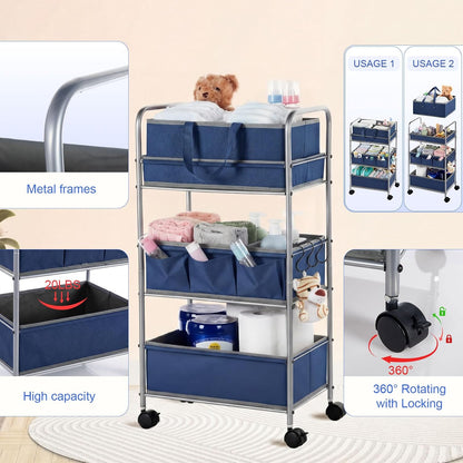 2in1 Baby Diaper Caddy Organizer Cart 3 Tier Large Capacity Metal Utility Bedside Rolling Cart with Divider Newborn Registry Nursery Essential Must Have Crib Bedroom Baby Shower(Gray, Blue)