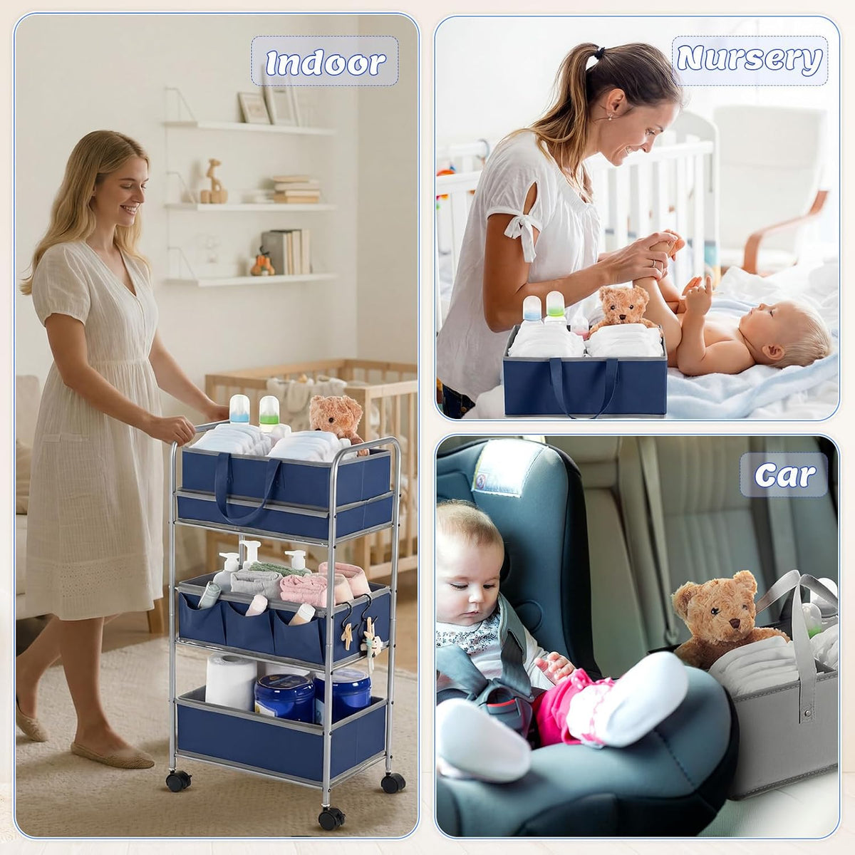 2in1 Baby Diaper Caddy Organizer Cart 3 Tier Large Capacity Metal Utility Bedside Rolling Cart with Divider Newborn Registry Nursery Essential Must Have Crib Bedroom Baby Shower(Gray, Blue)