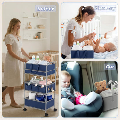 2in1 Baby Diaper Caddy Organizer Cart 3 Tier Large Capacity Metal Utility Bedside Rolling Cart with Divider Newborn Registry Nursery Essential Must Have Crib Bedroom Baby Shower(Gray, Blue)