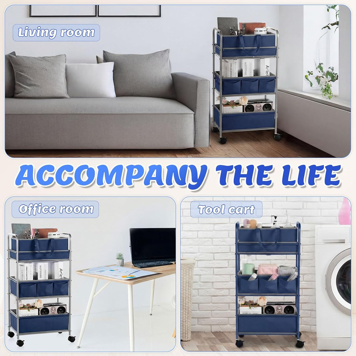 2in1 Baby Diaper Caddy Organizer Cart 3 Tier Large Capacity Metal Utility Bedside Rolling Cart with Divider Newborn Registry Nursery Essential Must Have Crib Bedroom Baby Shower(Gray, Blue)