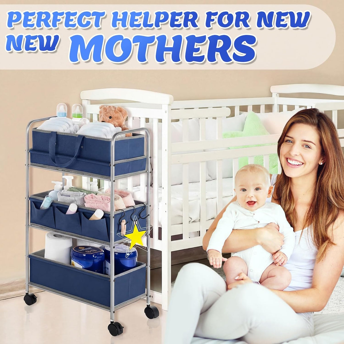 2in1 Baby Diaper Caddy Organizer Cart 3 Tier Large Capacity Metal Utility Bedside Rolling Cart with Divider Newborn Registry Nursery Essential Must Have Crib Bedroom Baby Shower(Gray, Blue)