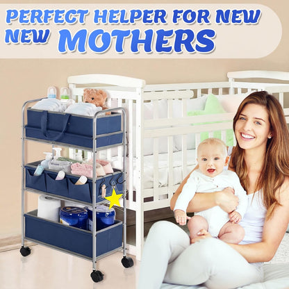 2in1 Baby Diaper Caddy Organizer Cart 3 Tier Large Capacity Metal Utility Bedside Rolling Cart with Divider Newborn Registry Nursery Essential Must Have Crib Bedroom Baby Shower(Gray, Blue)