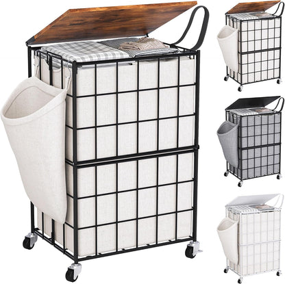 90L Laundry Basket with Wheels, Large Capacity Laundry Hamper with Removable Liner Bags, Heavy Duty Laundry Sorter with Solid Wood Lid & Leather Handles, Beige