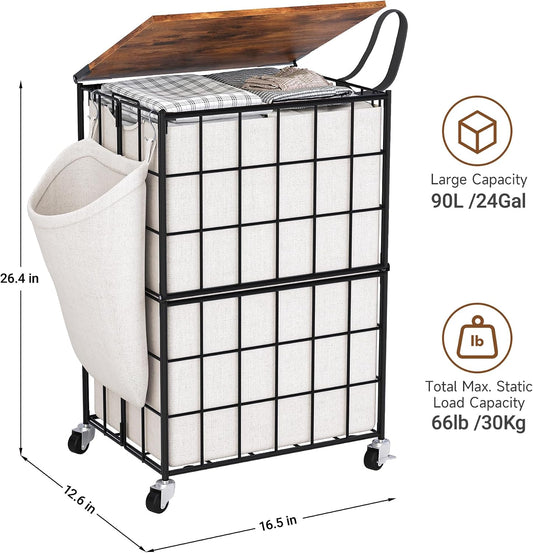 90L Laundry Basket with Wheels, Large Capacity Laundry Hamper with Removable Liner Bags, Heavy Duty Laundry Sorter with Solid Wood Lid & Leather Handles, Beige