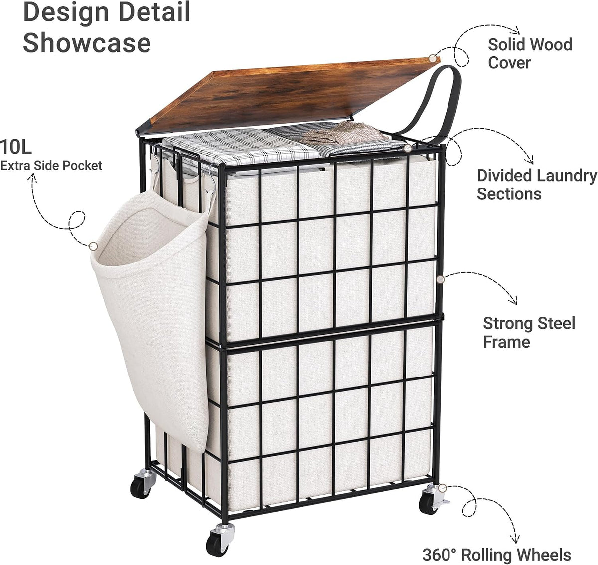 90L Laundry Basket with Wheels, Large Capacity Laundry Hamper with Removable Liner Bags, Heavy Duty Laundry Sorter with Solid Wood Lid & Leather Handles, Beige