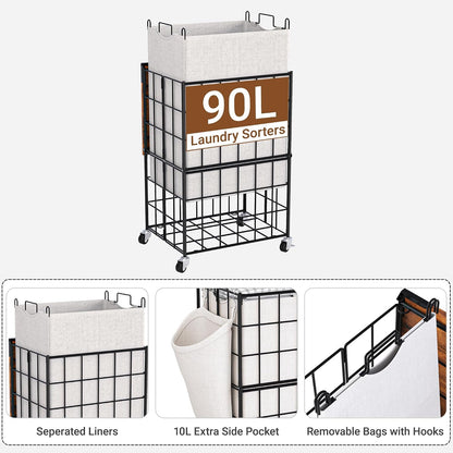 90L Laundry Basket with Wheels, Large Capacity Laundry Hamper with Removable Liner Bags, Heavy Duty Laundry Sorter with Solid Wood Lid & Leather Handles, Beige