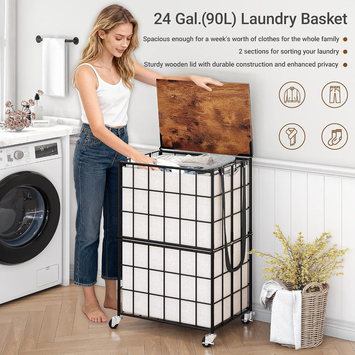 90L Laundry Basket with Wheels, Large Capacity Laundry Hamper with Removable Liner Bags, Heavy Duty Laundry Sorter with Solid Wood Lid & Leather Handles, Beige