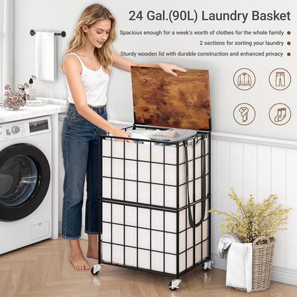 90L Laundry Basket with Wheels, Large Capacity Laundry Hamper with Removable Liner Bags, Heavy Duty Laundry Sorter with Solid Wood Lid & Leather Handles, Beige