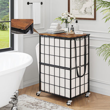90L Laundry Basket with Wheels, Large Capacity Laundry Hamper with Removable Liner Bags, Heavy Duty Laundry Sorter with Solid Wood Lid & Leather Handles, Beige