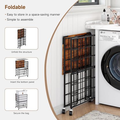 90L Laundry Basket with Wheels, Large Capacity Laundry Hamper with Removable Liner Bags, Heavy Duty Laundry Sorter with Solid Wood Lid & Leather Handles, Beige