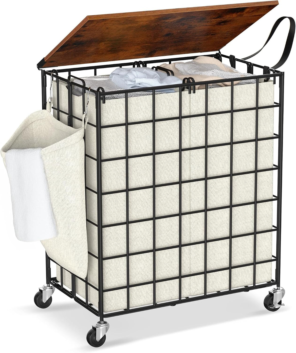 90L Laundry Basket with Wheels, Large Capacity Laundry Hamper with Removable Liner Bags, Heavy Duty Laundry Sorter with Solid Wood Lid & Leather Handles, Beige